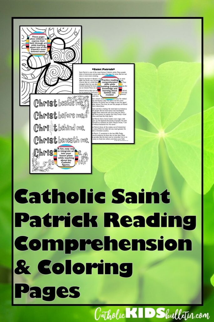 Bring the life and teachings of Saint Patrick into your classroom or home with this engaging Saint Patrick Reading Comprehension & Coloring Activities Bundle!

This resource is perfect for Catholic classrooms, homeschool settings, and parish groups, helping students learn about Saint Patrick, Saint Patrick’s Day, and the Holy Trinity through interactive reading and creative activities.

What’s Included:

Saint Patrick Reading Comprehension Activity

Three leveled passages (upper elementary, middle school, and high school) about Saint Patrick’s life, faith, and missionary work

10 multiple-choice questions to check understanding

10 discussion questions to encourage deeper thinking and reflection

Mini-poster activity for students to illustrate key takeaways from the passage

Saint Patrick Coloring Pages

Page 1: A beautifully designed image of Saint Patrick’s name and a shamrock symbolizing the Father, Son, and Holy Spirit, with a bishop’s hat and March 17th Feast Day details

Page 2: Saint Patrick’s famous quote, “Christ beside me...”, along with a bishop’s hat and a snake to highlight key symbols of his story

Page 3: A large shamrock with an abstract background, perfect for coloring and reflecting on the Holy Trinity

Saint Patrick Shamrock Maze & Coloring Page

A fun and interactive maze shaped like a shamrock, reinforcing Saint Patrick’s teaching on the Trinity

This coloring activity helps students connect with Saint Patrick’s role in spreading Christianity in Ireland