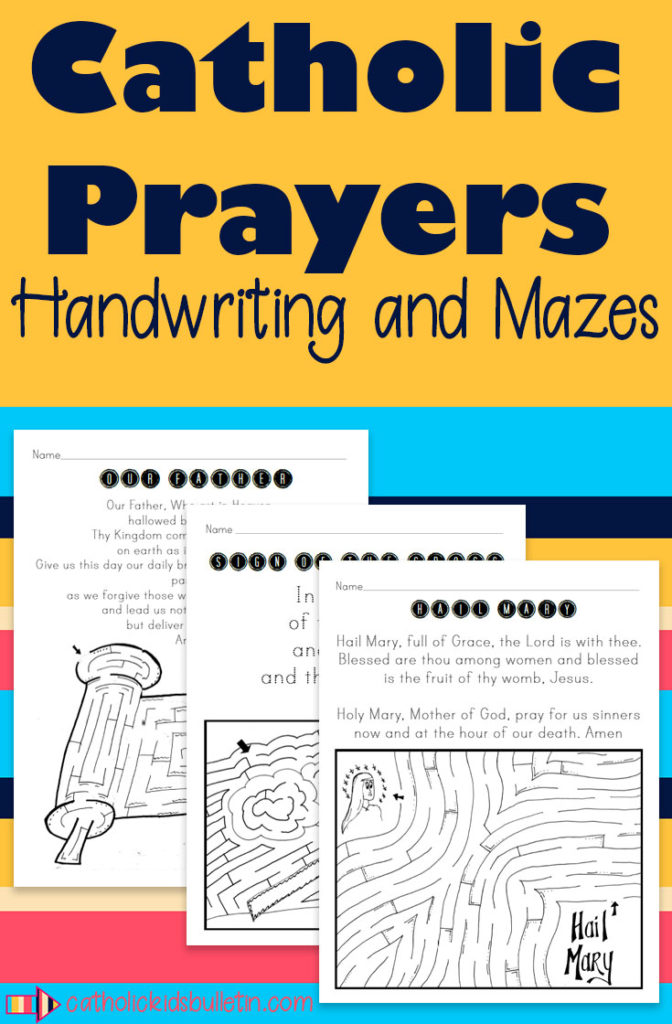 Catholic Prayers Mazes and Handwriting is a fun resource to help students practice the words of common Catholic prayers and develop fine motor skills with fun mazes. Students will practice the Our Father, Hail Mary, Glory Be, and Sign of the Cross. This is a great Back to School Activity for religion classes, religions education, faith formation, and home school. #religionteacher #catholicteacher #catholic