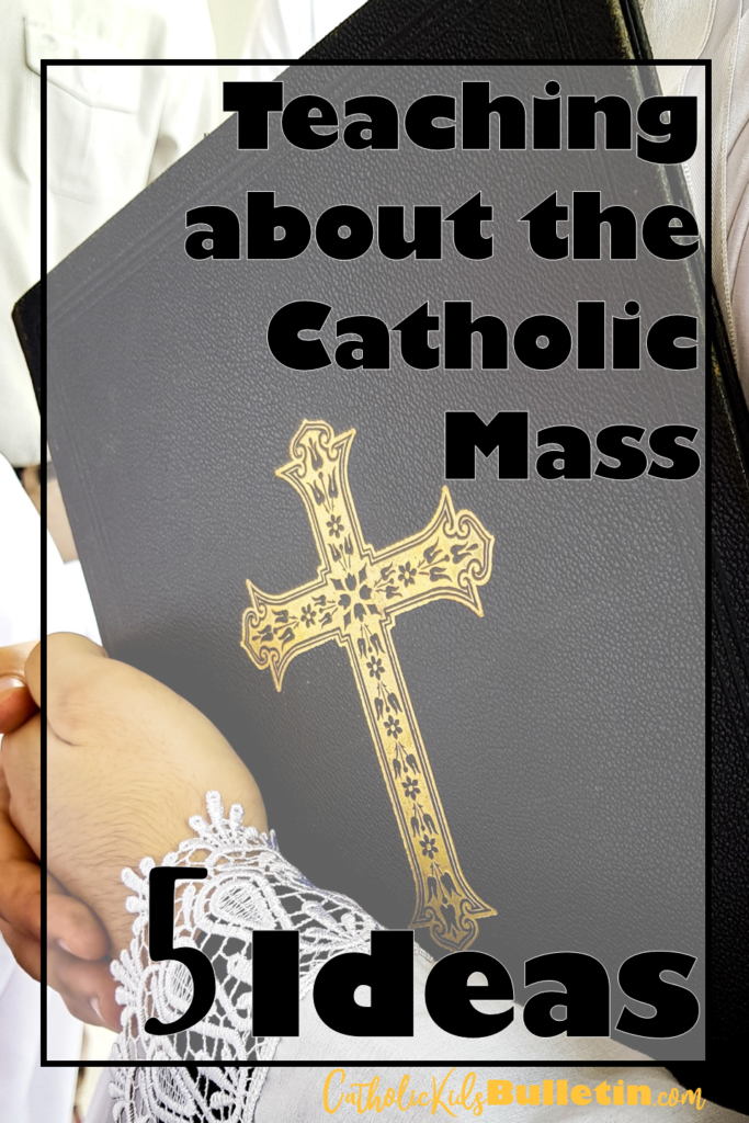 Teaching about the Catholic Mass: Five ideas about lessons, games, and activities that can be used to teach students and kids about the Catholic Mass. Students can learn the Order of the Mass and the meaning of the Part of the Mass such as the Introductory Rite, Liturgy of the Word, and Liturgy of the Eucharist. Ideas include playing bingo or spoons, using task cards, and taking notes about the Catholic Mass Liturgy