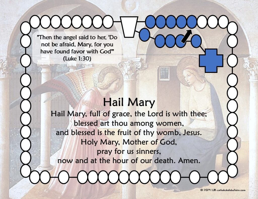 Begin by explaining what the Rosary is, including its history, purpose, and how it is prayed. Discuss its components, such as the beads, the Crucifix, and the prayers involved (like the Our Father, Hail Mary, and Glory Be). Give students the words of the prayers unless you're SURE they have them memorized. I just made a PowerPoint with ALL the words, as well as bible verses for each Hail Mary. You can pray a Scriptural Rosary with a simple click through the slides. There is also an image of the Rosary on each slide with an arrow on the correct bead so kids can follow along without the constant debate about whether we're at 8 or 9 Hail Marys! So far, I've just made the Joyful Mysteries, let me know if you want me to make the other Mysteries!