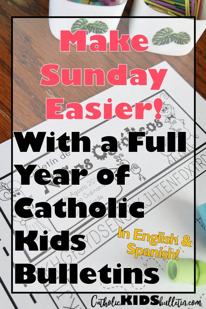 The FREE Printable Catholic Kids Bulletin worksheets match up to the weekly Mass readings in the Catholic Church. There are coloring pages that match the weekly Gospel reading. There are Mass activities throughout the month, as well as Psalm copy work and a word search. In addition, the order of the liturgy of the Mass along the top of each bulletin also helps kids follow along during Mass. Next, they can learn the order and structure of the Mass. Finally, a coloring page about a Catholic Saint teaches about Catholic History and saints. For example, these are terrific to teach at Mass, in addition to a pre-teaching activity to help prepare your students for the Sunday Mass.