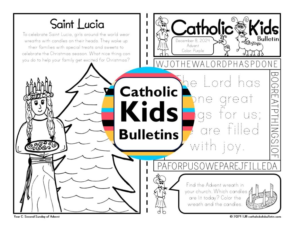 Celebrate the season with December Catholic Kids Bulletins! ✝️ Advent activities include weekly Gospel pages, an Advent wreath craft, and a skit for the Immaculate Conception. Learn about ✝️ Saint Nicholas, ✝️ Saint Juan Diego, ✝️ Saint Francis Xavier (with a reading packet!), ✝️ Saint Lucy, and ✝️ the Holy Family. Perfect for teaching kids about the true meaning of ✝️ Christmas while keeping them engaged all month long. Great for classrooms, homeschool, or church groups!