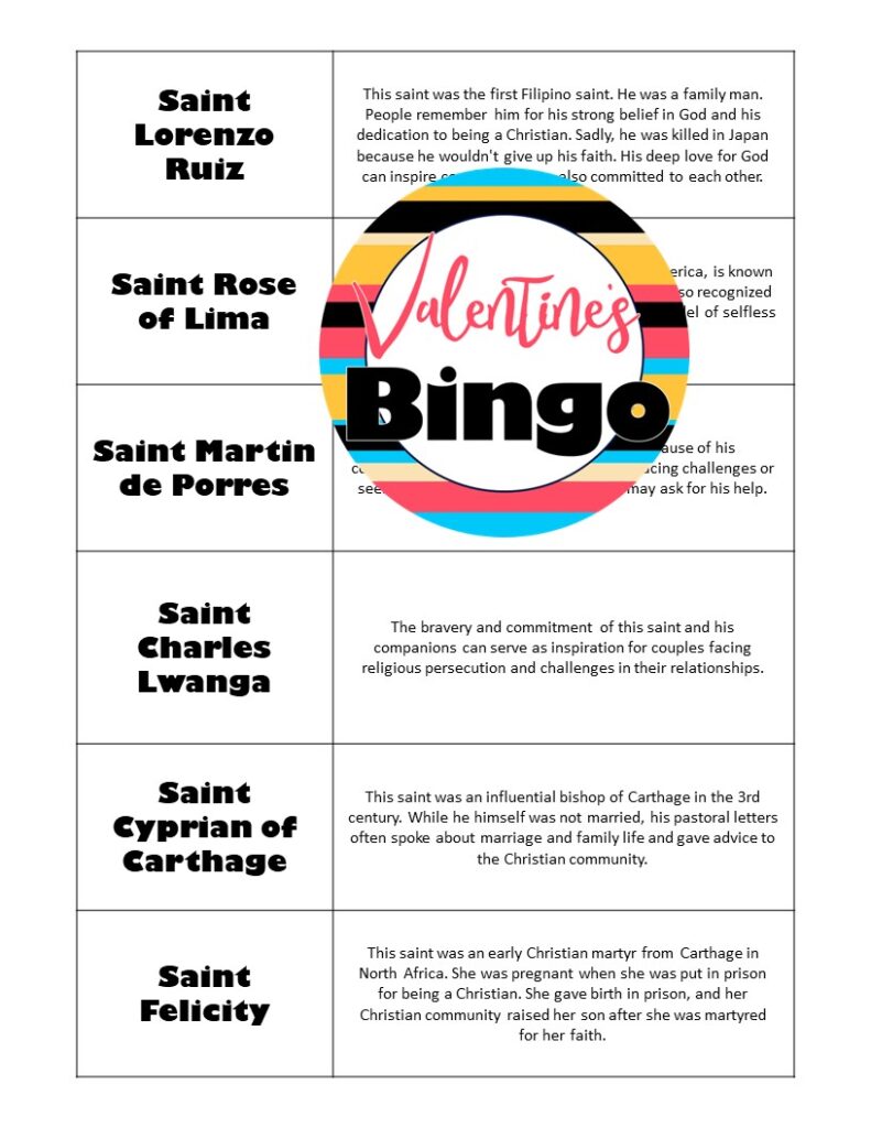 Valentine's Day Bingo with Catholic Saints of Love