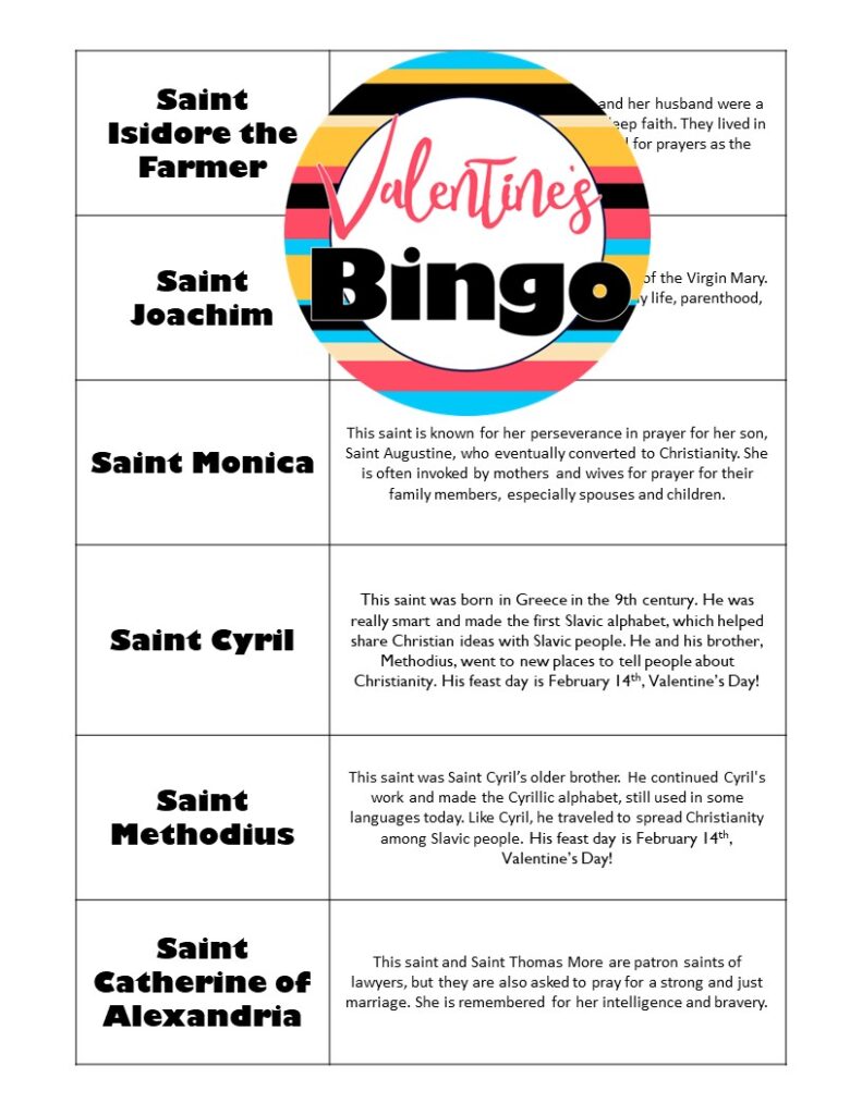 Valentine's Day Bingo with Catholic Saints of Love