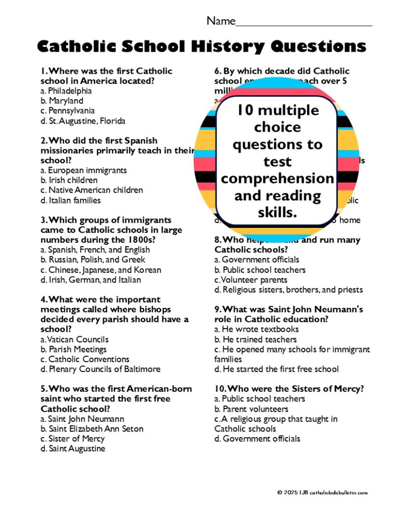 A great way to kick off Catholic Schools Week is by helping students understand the history behind Catholic education and why we celebrate this week every year. You can use reading comprehension packets about the History of Catholic Schools and Catholic Schools Week History to make it super easy. Did you know that Catholic Schools Week was started in the 1970s? 

These packets give students a chance to practice reading skills while learning about the mission of Catholic schools and their impact on the world. Afterward, spark some group discussions or have students share one thing they love about their own Catholic school.