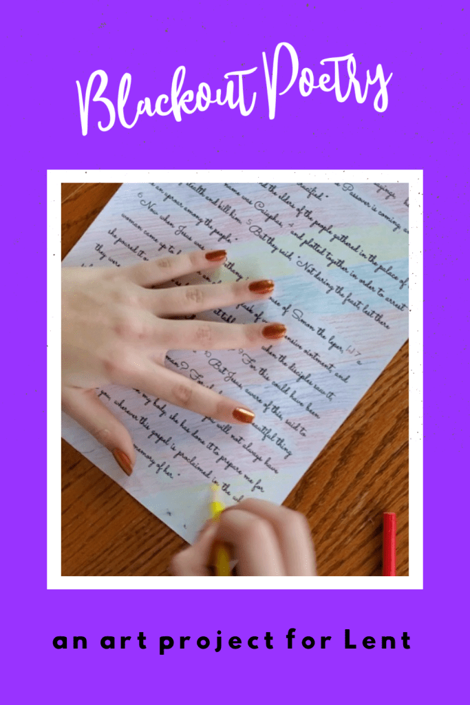 If you haven't already done this activity, don't miss it! Assign this art project, turn on your favorite Holy Week movie, and relax while the kids work. 

Students receive a printed page from Matthew 26 or 27, which tells the story of Jesus' passion and death. Using a black marker or colored pencils, they “black out” all but a few words—selecting phrases to create their own poem that reflects hope, resurrection, and grace.

After creating the poem, students can draw a resurrection image over the words, visually expressing the message of new life. It’s a powerful way to reflect on the sorrow of Good Friday and the joy of Easter Sunday.

I tell my students that the minimum expectation is creating a sentence that makes some-sort of sense, and covering the rest of the page with color. Some students find a simple sentence and black out the rest of the page. MOST students choose to amaze me with a truly meaningful poem and fantastic artwork over the words.