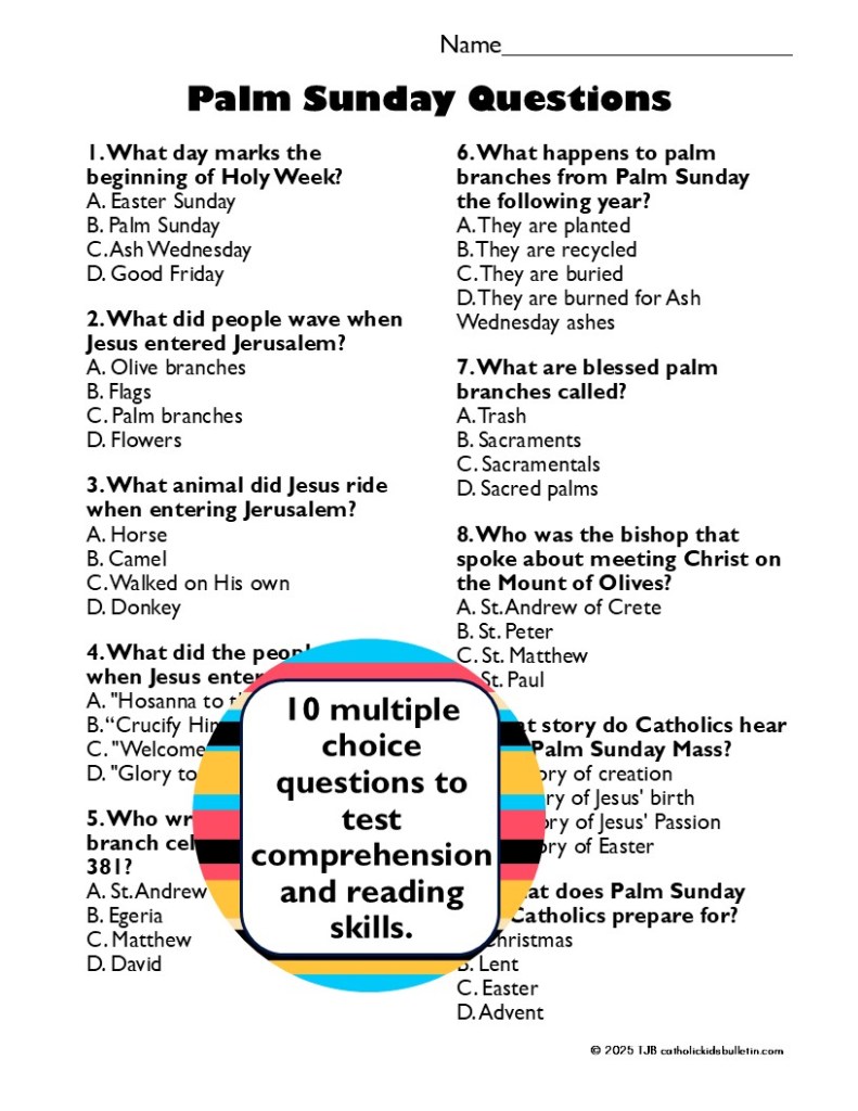 📖 5. Holy Week Reading Comprehension Packets

Help students reflect on each day of Holy Week with age-appropriate reading materials. This readings include the meaning of the day AND the unique changes to the Catholic Mass for each day. It's a perfect review before attending all the extra services for Holy Week. Each packet includes:

3 reading levels (upper elementary, middle school, high school)

10 multiple-choice and 10 discussion questions

Graphic organizers and mini-posters

Holy Week Reading Activities

Holy Week Overview: Give students an overview of the Holy Days leading to Easter

Palm Sunday: Students reflect on Jesus' triumphant entry into Jerusalem.

Spy Wednesday: Discover the meaning behind Judas Iscariot’s betrayal of Jesus and how it fulfilled Scripture.

Holy Thursday: Learn about the Last Supper, the washing of the feet, and the institution of the Eucharist.

Good Friday: Reflect on the Passion and death of Christ, exploring themes of sacrifice and redemption.

Holy Saturday: Explore the quiet anticipation of the Easter Vigil and the profound mystery of Christ’s descent into the tomb.

Easter Sunday: Celebrate the joy of the Resurrection and how it gives hope to all believers.
