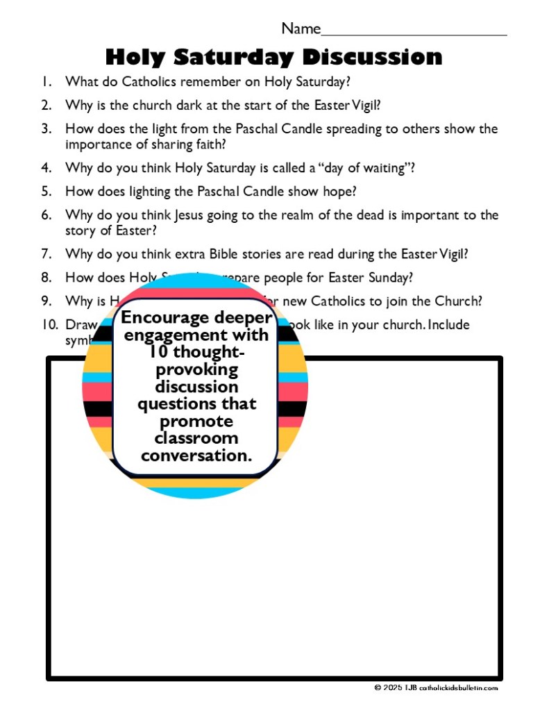 📖 5. Holy Week Reading Comprehension Packets

Help students reflect on each day of Holy Week with age-appropriate reading materials. This readings include the meaning of the day AND the unique changes to the Catholic Mass for each day. It's a perfect review before attending all the extra services for Holy Week. Each packet includes:

3 reading levels (upper elementary, middle school, high school)

10 multiple-choice and 10 discussion questions

Graphic organizers and mini-posters

Holy Week Reading Activities

Holy Week Overview: Give students an overview of the Holy Days leading to Easter

Palm Sunday: Students reflect on Jesus' triumphant entry into Jerusalem.

Spy Wednesday: Discover the meaning behind Judas Iscariot’s betrayal of Jesus and how it fulfilled Scripture.

Holy Thursday: Learn about the Last Supper, the washing of the feet, and the institution of the Eucharist.

Good Friday: Reflect on the Passion and death of Christ, exploring themes of sacrifice and redemption.

Holy Saturday: Explore the quiet anticipation of the Easter Vigil and the profound mystery of Christ’s descent into the tomb.

Easter Sunday: Celebrate the joy of the Resurrection and how it gives hope to all believers.