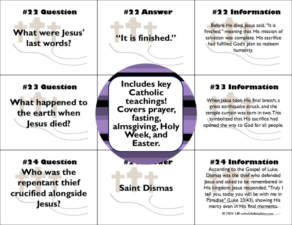 The Lent and Holy Week Trivia and Stations of the Cross Trivia Activities are fun Lent activities that can be used in many ways. Each set has 30 sets of cards with trivia questions, answers, and information to help students find the answers. Here are a few fun ideas to try in your classroom: