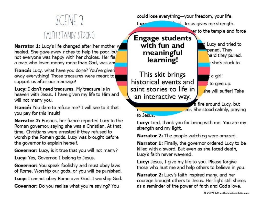 Catholic Saint Skits Got a few friends or siblings around? Act out a saint’s story using one of our fun skits! The Saint Skit Bundle has ready-to-go scripts that make learning about saints super interactive.