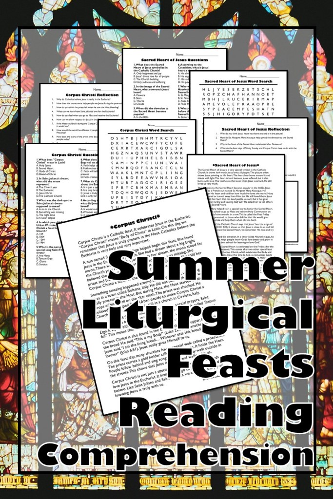 Liturgical Season Reading Comprehension

Before we dive into all the fun ways to celebrate these feast days, here’s an easy way to get started: check out my Catholic Feast Day Reading Comprehension Bundle! It covers five major summer feast days—Jesus’ Ascension, Pentecost, Trinity Sunday, Corpus Christi, and the Sacred Heart of Jesus—with leveled reading passages, discussion questions, writing prompts, and more. It’s perfect for classrooms, homeschool, or parish groups, and helps kids understand the meaning behind each celebration while building faith and literacy skills at the same time.