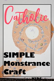 Saint Clare is also portrayed with a monstrance so we're going to do a monstrance craft.  The internet is full of creative monstrance crafts that we're NOT doing since I forgot to get the supplies. However, this simple project with scrapbook paper and glitter got the point across. Done is better than perfect!