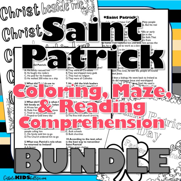 Bring the life and teachings of Saint Patrick into your classroom or home with this engaging Saint Patrick Reading Comprehension & Coloring Activities Bundle!

This resource is perfect for Catholic classrooms, homeschool settings, and parish groups, helping students learn about Saint Patrick, Saint Patrick’s Day, and the Holy Trinity through interactive reading and creative activities.

What’s Included:

Saint Patrick Reading Comprehension Activity

Three leveled passages (upper elementary, middle school, and high school) about Saint Patrick’s life, faith, and missionary work

10 multiple-choice questions to check understanding

10 discussion questions to encourage deeper thinking and reflection

Mini-poster activity for students to illustrate key takeaways from the passage

Saint Patrick Coloring Pages

Page 1: A beautifully designed image of Saint Patrick’s name and a shamrock symbolizing the Father, Son, and Holy Spirit, with a bishop’s hat and March 17th Feast Day details

Page 2: Saint Patrick’s famous quote, “Christ beside me...”, along with a bishop’s hat and a snake to highlight key symbols of his story

Page 3: A large shamrock with an abstract background, perfect for coloring and reflecting on the Holy Trinity

Saint Patrick Shamrock Maze & Coloring Page

A fun and interactive maze shaped like a shamrock, reinforcing Saint Patrick’s teaching on the Trinity

This coloring activity helps students connect with Saint Patrick’s role in spreading Christianity in Ireland