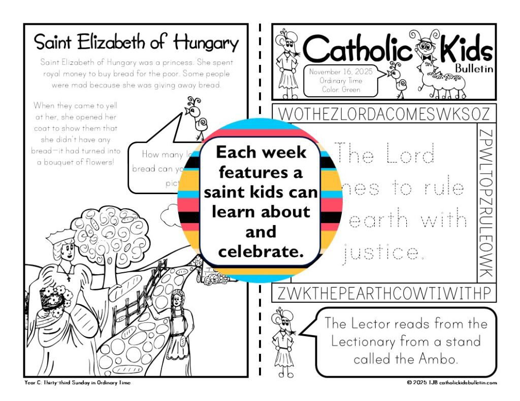 Make November Mass more meaningful with the November Catholic Kids Bulletins! Each week includes a Gospel reflection, fun puzzles, and a featured saint like St. Martin de Porres, St. Elizabeth of Hungary, and St. Cecilia. Kids can draw, solve mazes, and explore the Beatitudes while learning about the faith. Perfect for Catholic classrooms, families, and parishes. Download now — the full-year Catholic Kids Bulletins are on sale this week!