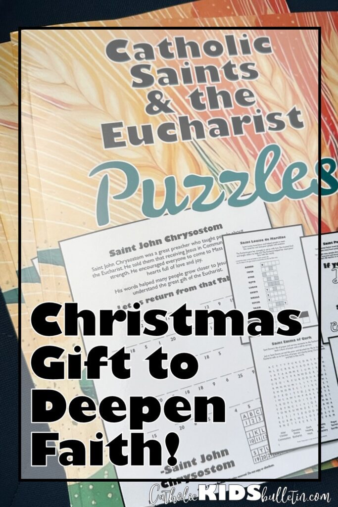 The Catholic Saints & The Eucharist Puzzle Book is packed with fun word games, brain teasers, and coloring pages all about 23 amazing saints who loved the Eucharist.