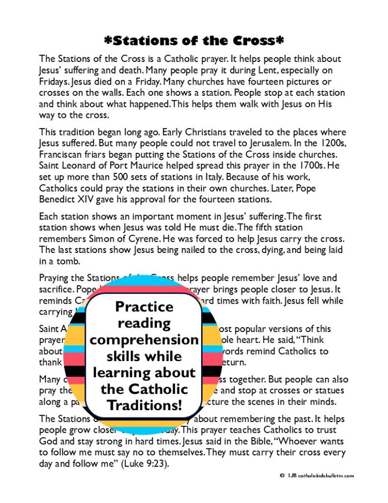 Make Lent meaningful and stress-free with this Stations of the Cross Lesson! Students get 3 leveled reading passages, 10 multiple-choice and discussion questions, a mini-poster, a writing page, and a word search—all in one activity. Perfect for a quick Lent Activity, full Lent Lesson Plan, or a super easy sub plan. Students stay engaged and learn independently, whether the sub has religious experience or not.