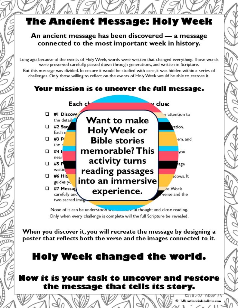 Bring Holy Week to life with this engaging Holy Week activity! This escape room helps students explore Palm Sunday, the Last Supper, Holy Thursday, and Good Friday while building reading comprehension, vocabulary, and Scripture understanding. Includes puzzles, Braille and pixel decoders, and a creative poster activity. Perfect for classrooms, faith formation, or Lent activities.