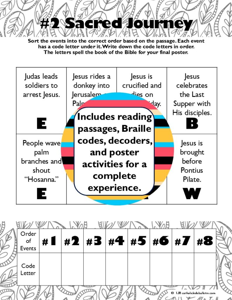 Bring Holy Week to life with this engaging Holy Week activity! This escape room helps students explore Palm Sunday, the Last Supper, Holy Thursday, and Good Friday while building reading comprehension, vocabulary, and Scripture understanding. Includes puzzles, Braille and pixel decoders, and a creative poster activity. Perfect for classrooms, faith formation, or Lent activities.