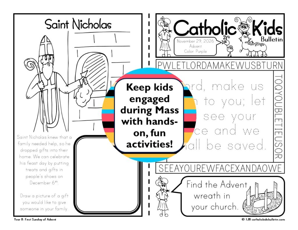 Make Sunday Mass for kids more meaningful with printable Catholic Kids Bulletins! ✝️ Help children understand the Gospel, learn about saints, follow the Mass, and grow in their Catholic faith with engaging activities, mazes, word searches, coloring, Scripture, and more. Perfect for Catholic families, schools, Faith Formation, religious education, and Catholic homeschool.